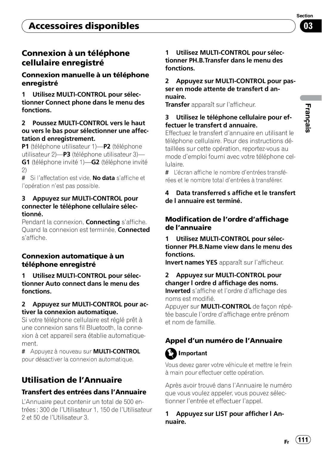 Pioneer DEH-P5900IB operation manual Connexion à un téléphone cellulaire enregistré, Utilisation de l’Annuaire 