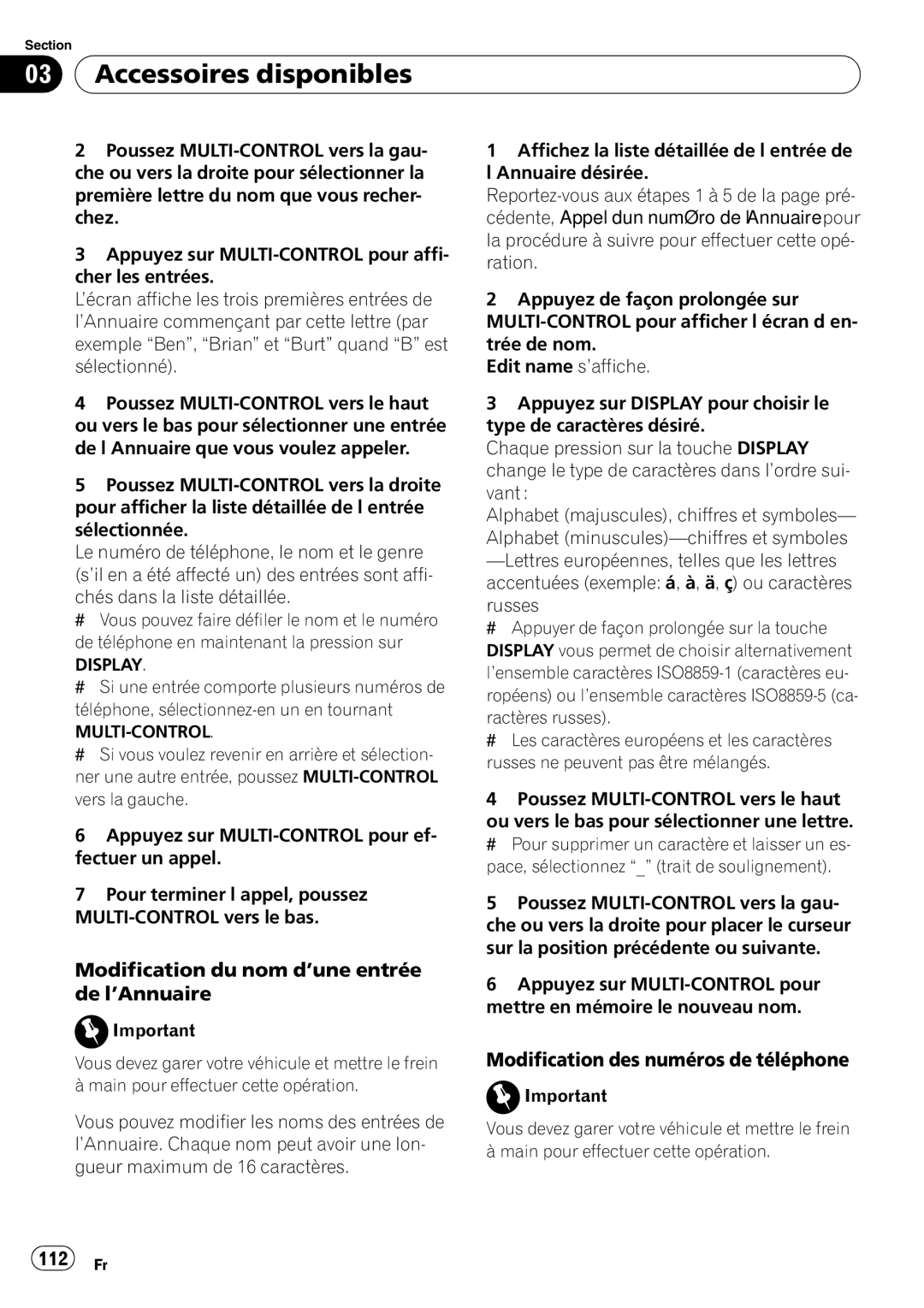 Pioneer DEH-P5900IB Modification du nom d’une entrée de l’Annuaire, Modification des numéros de téléphone, 112 Fr, Display 