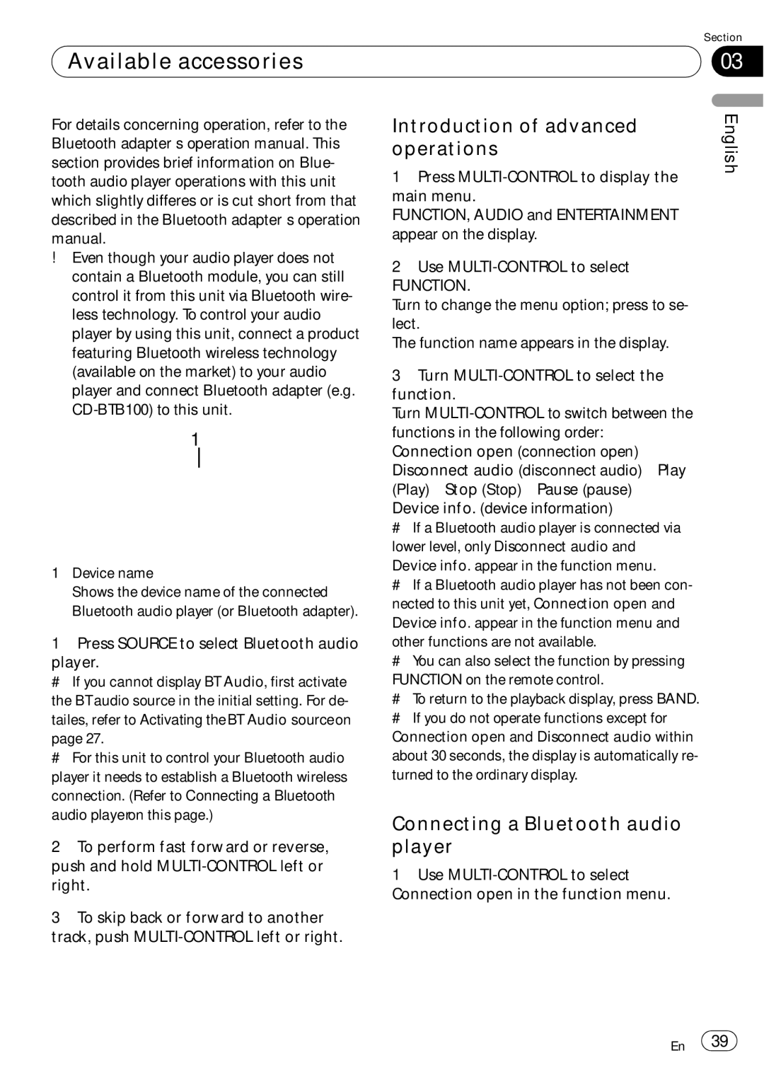 Pioneer DEH-P5900IB operation manual Connecting a Bluetooth audio player, Press Source to select Bluetooth audio Player 