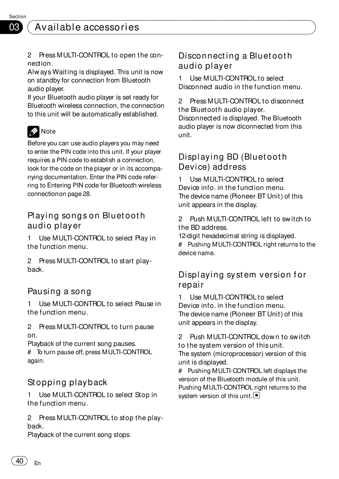 Pioneer DEH-P5900IB Disconnecting a Bluetooth audio player, Displaying BD Bluetooth Device address, Stopping playback 