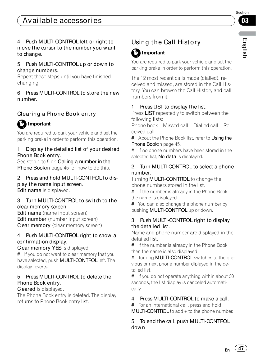 Pioneer DEH-P5900IB operation manual Using the Call History, Clearing a Phone Book entry 