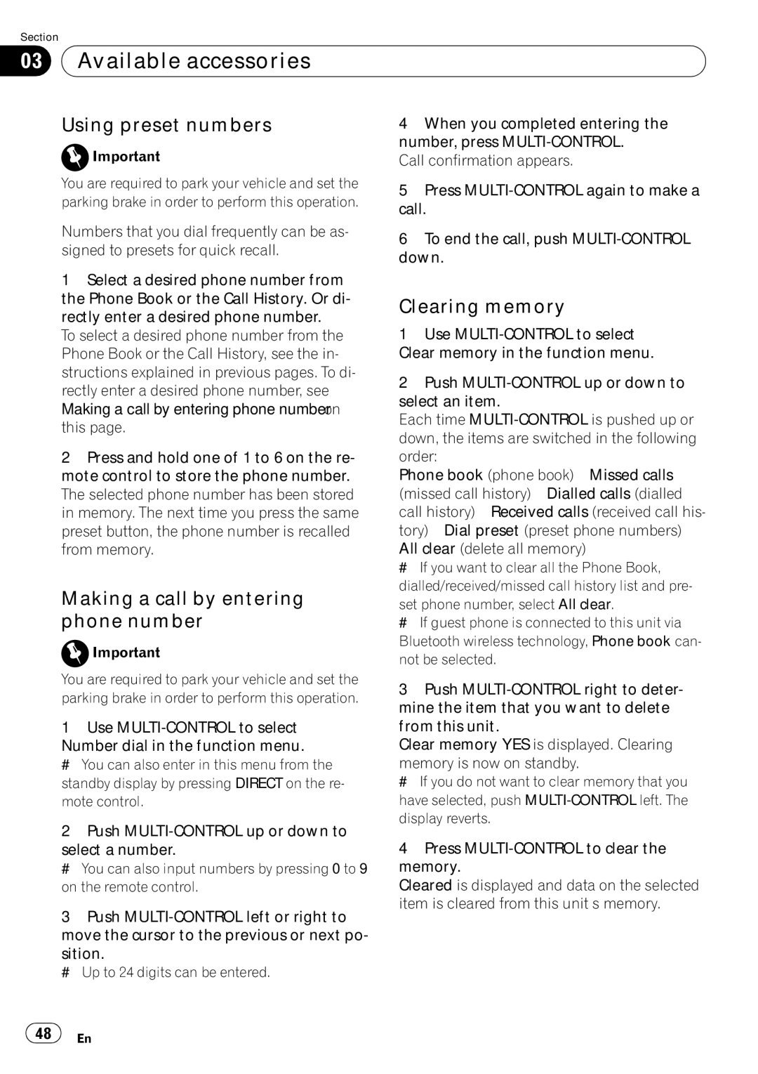 Pioneer DEH-P5900IB operation manual Using preset numbers, Making a call by entering phone number, Clearing memory 