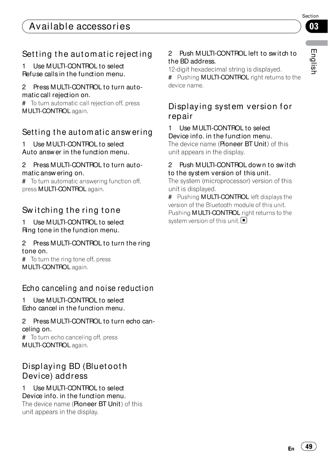 Pioneer DEH-P5900IB Setting the automatic rejecting, Setting the automatic answering, Switching the ring tone 