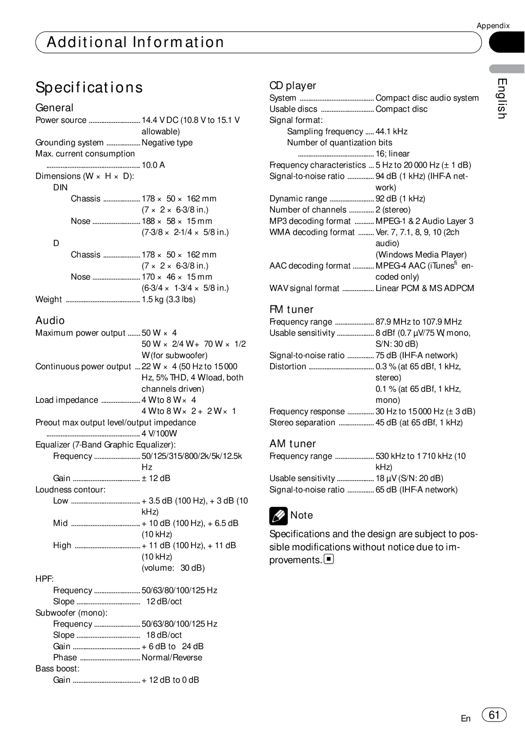 Pioneer DEH-P5900IB operation manual Additional Information Specifications, General, CD player, FM tuner, AM tuner 