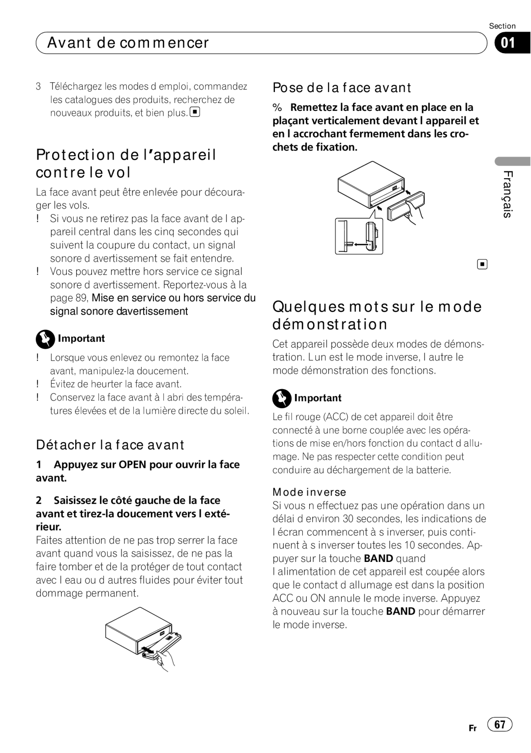 Pioneer DEH-P5900IB Protection de l’appareil contre le vol, Quelques mots sur le mode démonstration, Pose de la face avant 