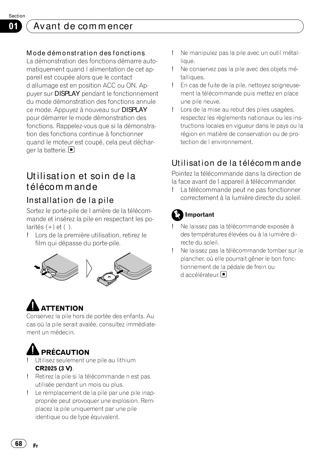 Pioneer DEH-P5900IB Utilisation et soin de la télécommande, Installation de la pile, Utilisation de la télécommande 