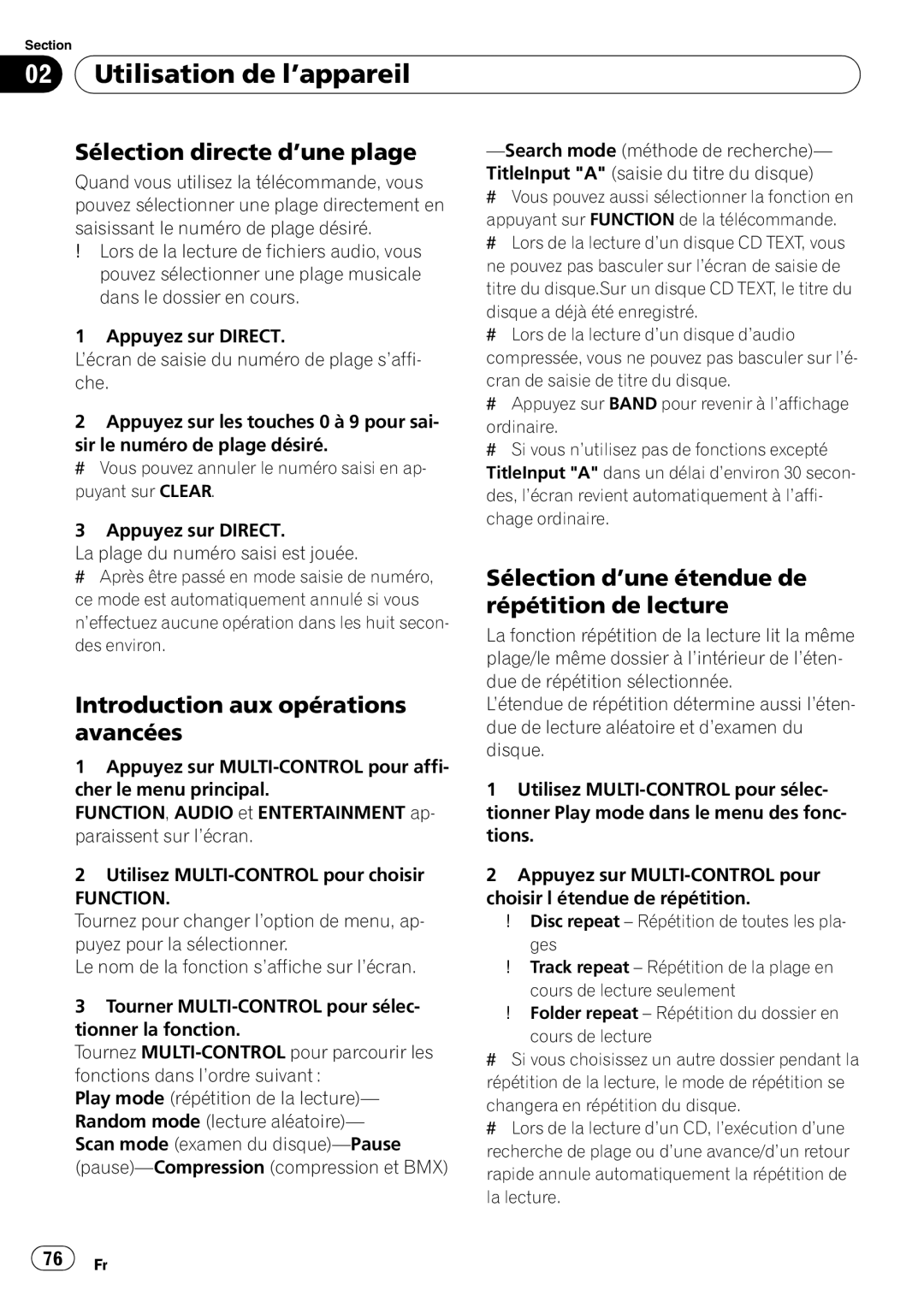 Pioneer DEH-P5900IB operation manual Sélection directe d’une plage, Sélection d’une étendue de répétition de lecture 