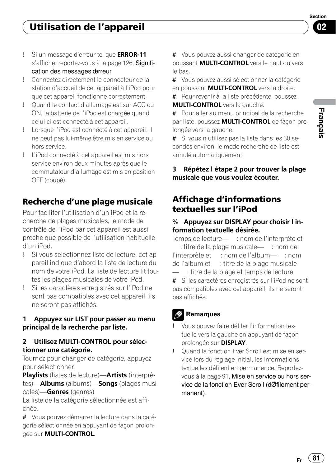 Pioneer DEH-P5900IB operation manual Recherche d’une plage musicale, Affichage d’informations textuelles sur l’iPod 