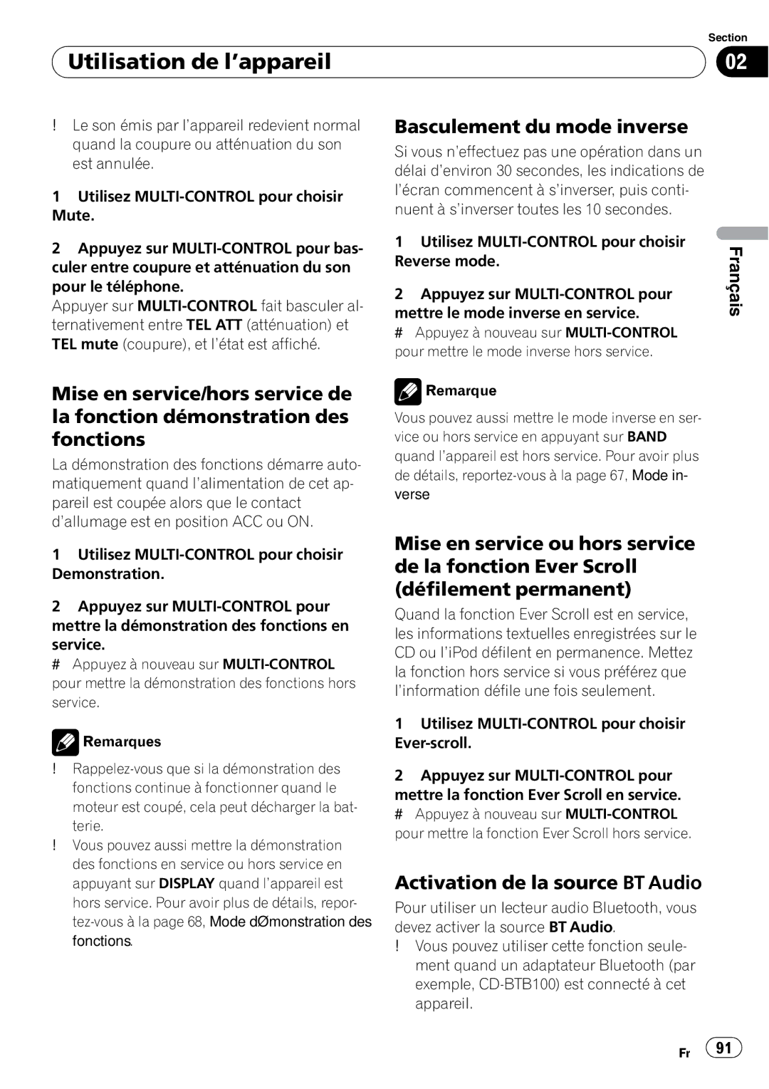 Pioneer DEH-P5900IB operation manual Basculement du mode inverse, Activation de la source BT Audio 