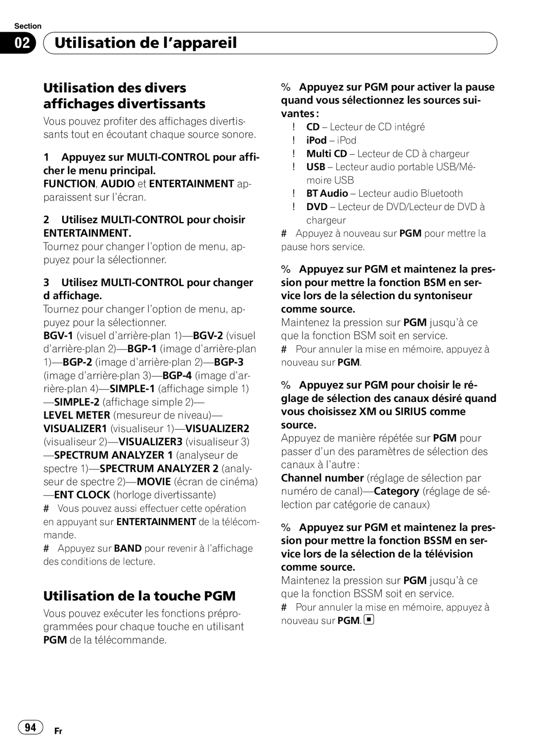 Pioneer DEH-P5900IB operation manual Utilisation des divers affichages divertissants, Utilisation de la touche PGM 