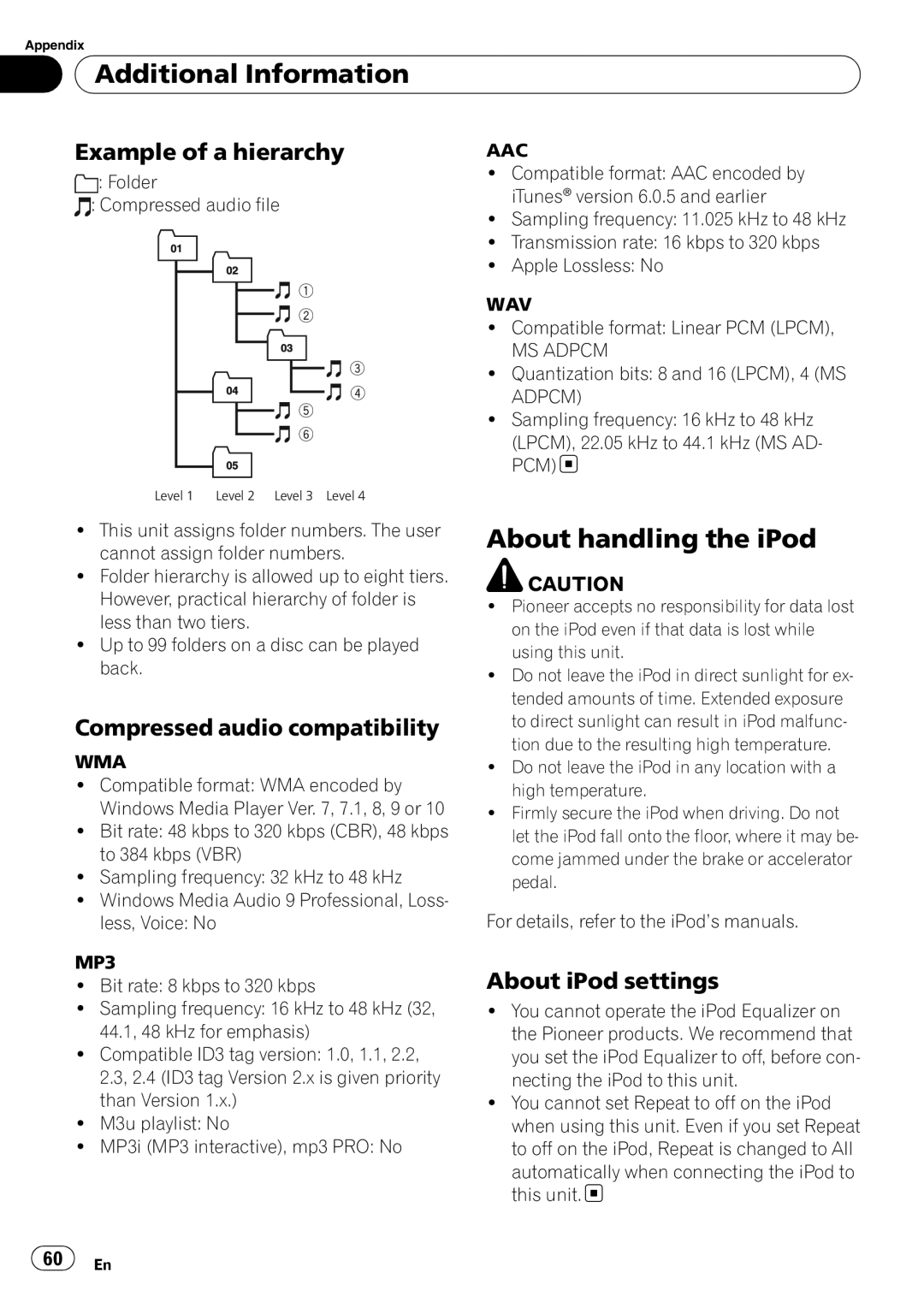 Pioneer DEH-P5900IB About handling the iPod, Example of a hierarchy, Compressed audio compatibility, About iPod settings 