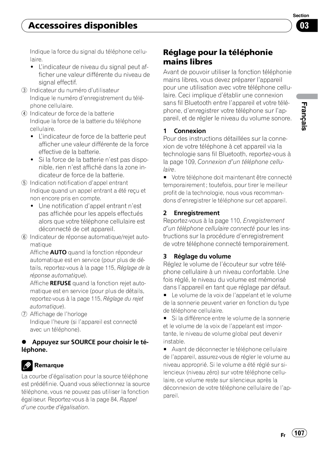 Pioneer DEH-P5900IB operation manual Réglage pour la téléphonie mains libres, Accessoires disponibles, Français 