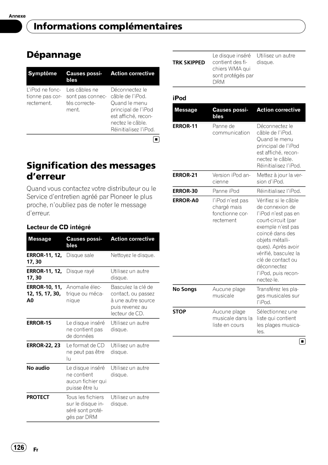 Pioneer DEH-P5900IB operation manual Informations complémentaires, Dépannage, Signification des messages d’erreur, 126 Fr 