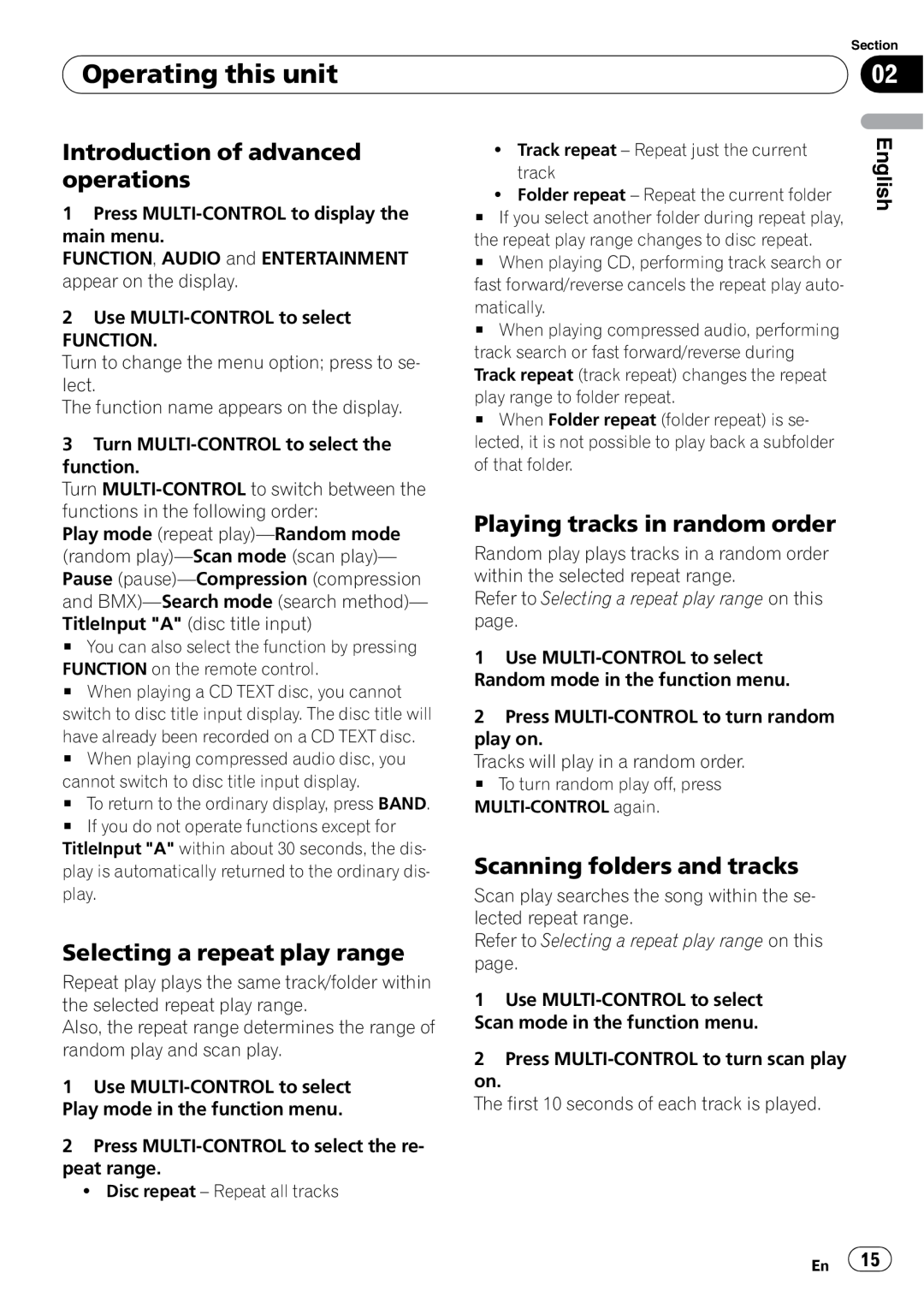 Pioneer DEH-P5900IB Selecting a repeat play range, Playing tracks in random order, Scanning folders and tracks, English 