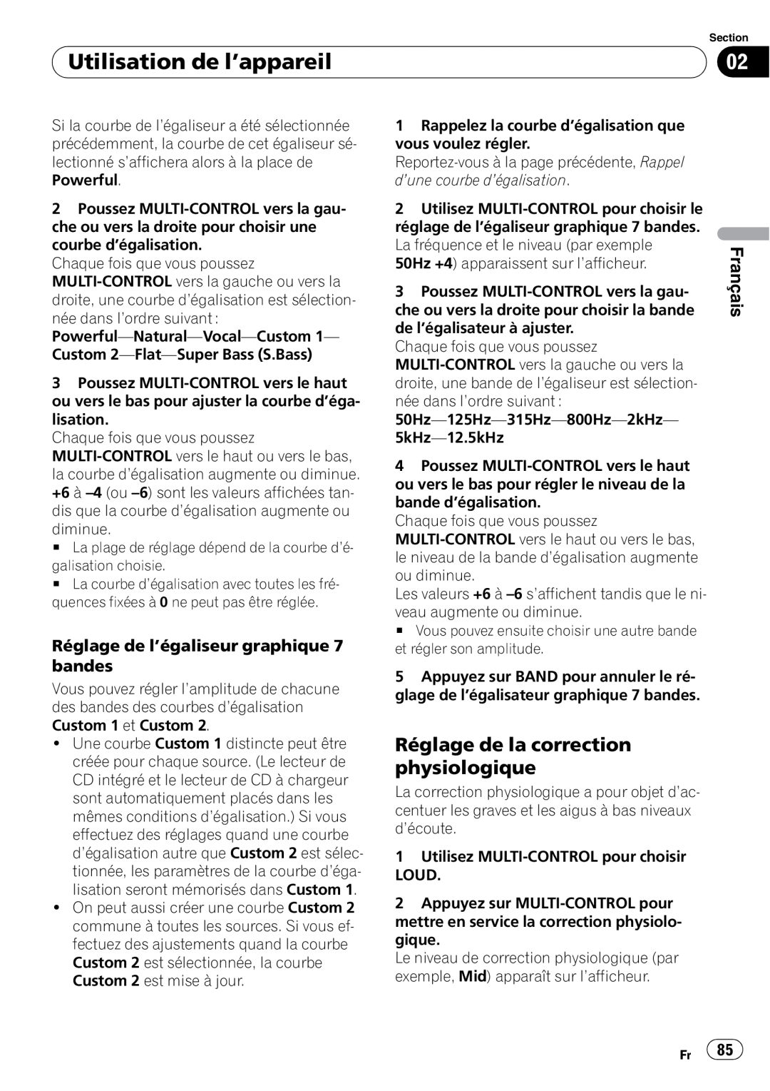 Pioneer DEH-P5900IB Réglage de la correction physiologique, Réglage de l’égaliseur graphique 7 bandes, Français 