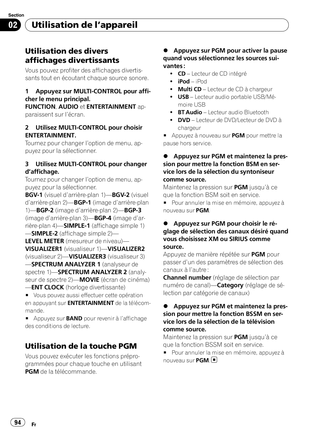 Pioneer DEH-P5900IB operation manual Utilisation des divers affichages divertissants, Utilisation de la touche PGM 