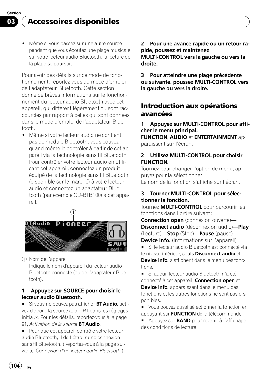 Pioneer DEH-P590IB operation manual 104 Fr, 91, Activation de la source BT Audio, Tions 