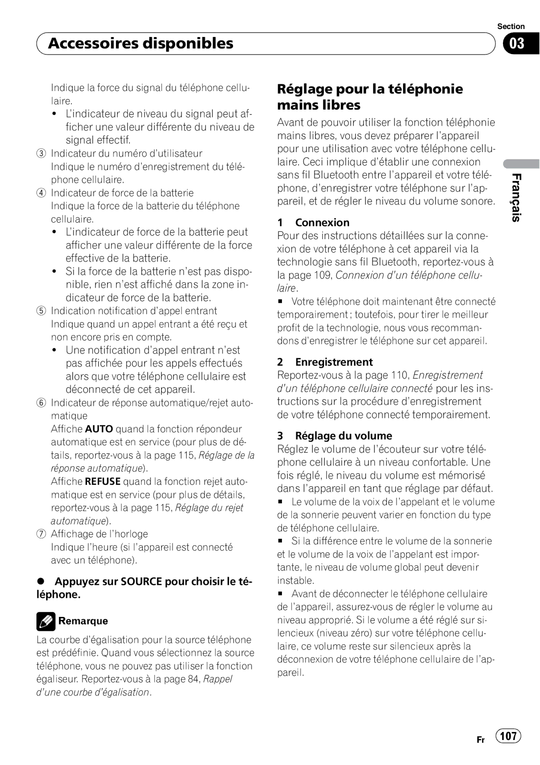 Pioneer DEH-P590IB operation manual Réglage pour la téléphonie mains libres 