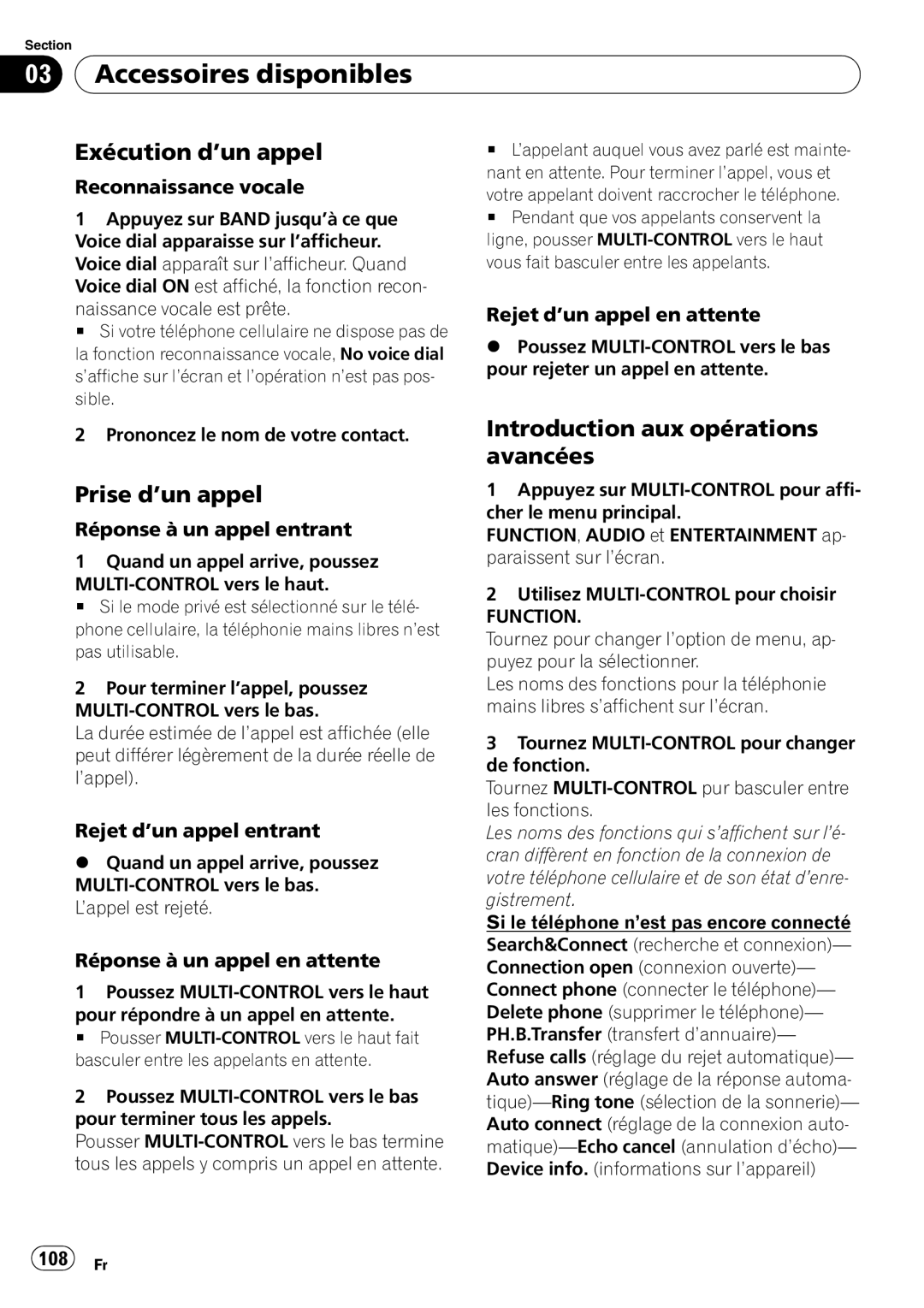 Pioneer DEH-P590IB operation manual Exécution d’un appel, Introduction aux opérations, Prise d’un appel 