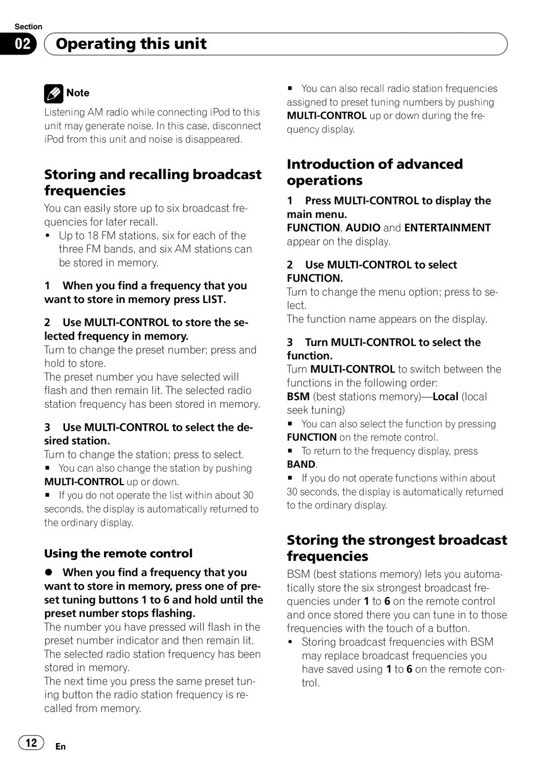 Pioneer DEH-P590IB operation manual Storing and recalling broadcast frequencies, Introduction of advanced operations 