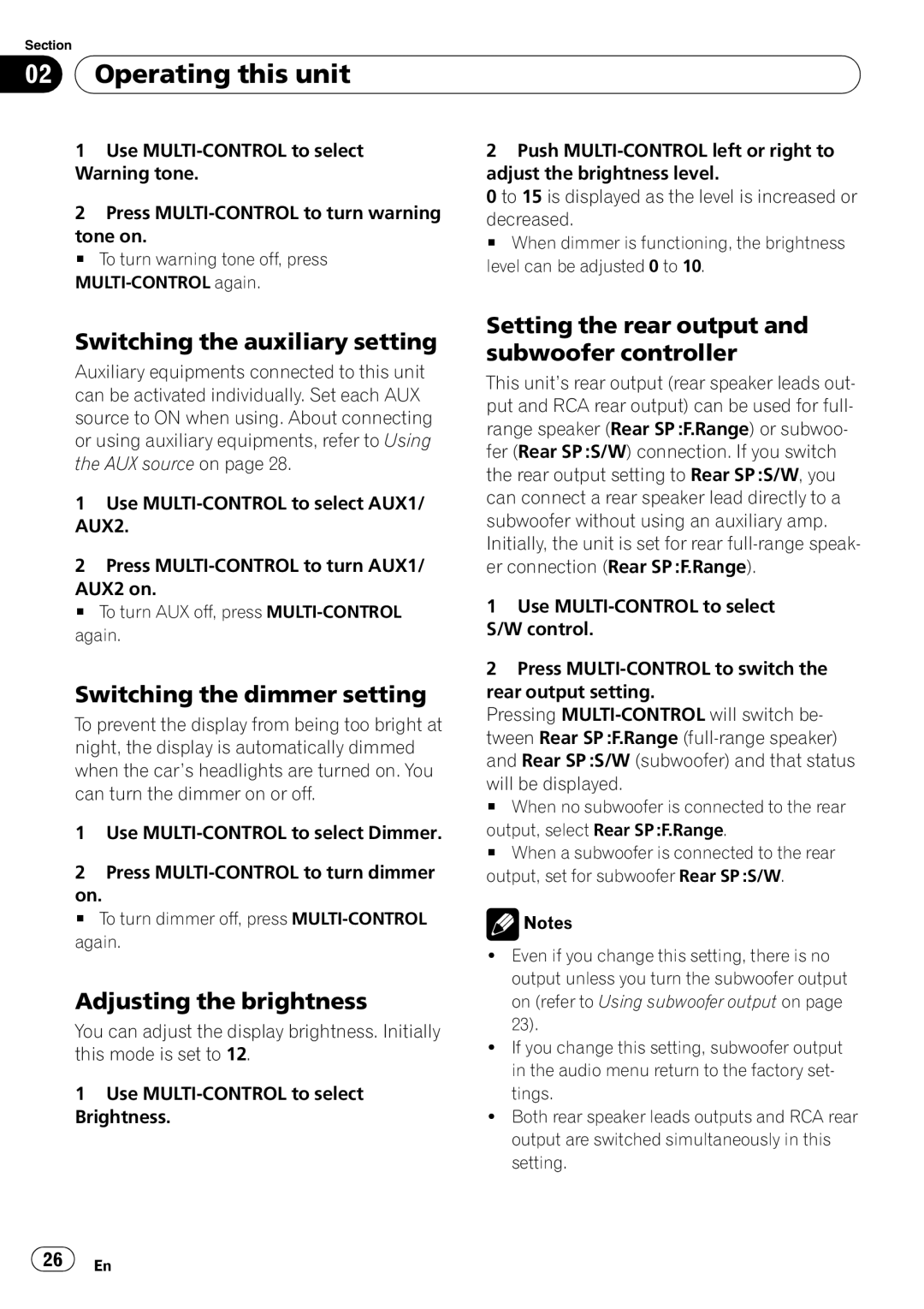 Pioneer DEH-P590IB operation manual Switching the auxiliary setting, Switching the dimmer setting, Adjusting the brightness 