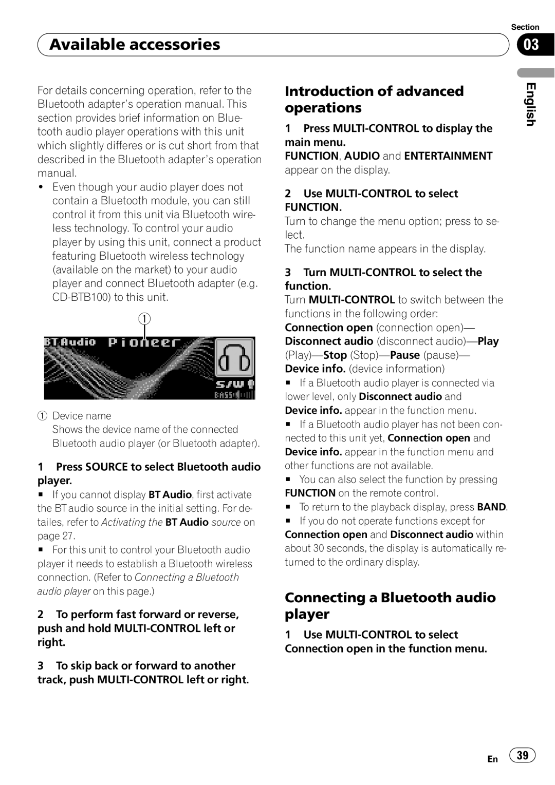 Pioneer DEH-P590IB operation manual Connecting a Bluetooth audio player, Press Source to select Bluetooth audio Player 