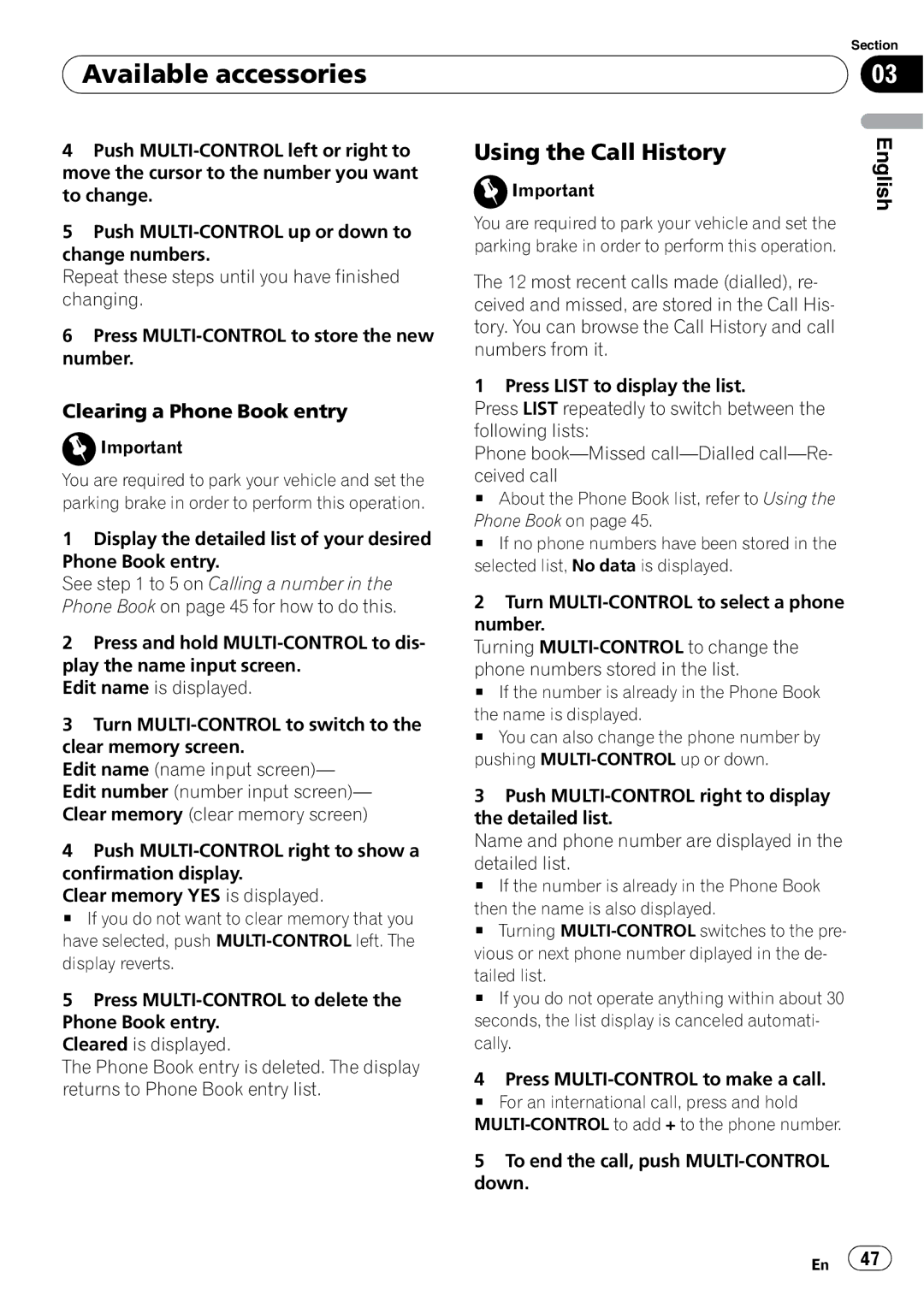 Pioneer DEH-P590IB operation manual Using the Call History, Clearing a Phone Book entry 