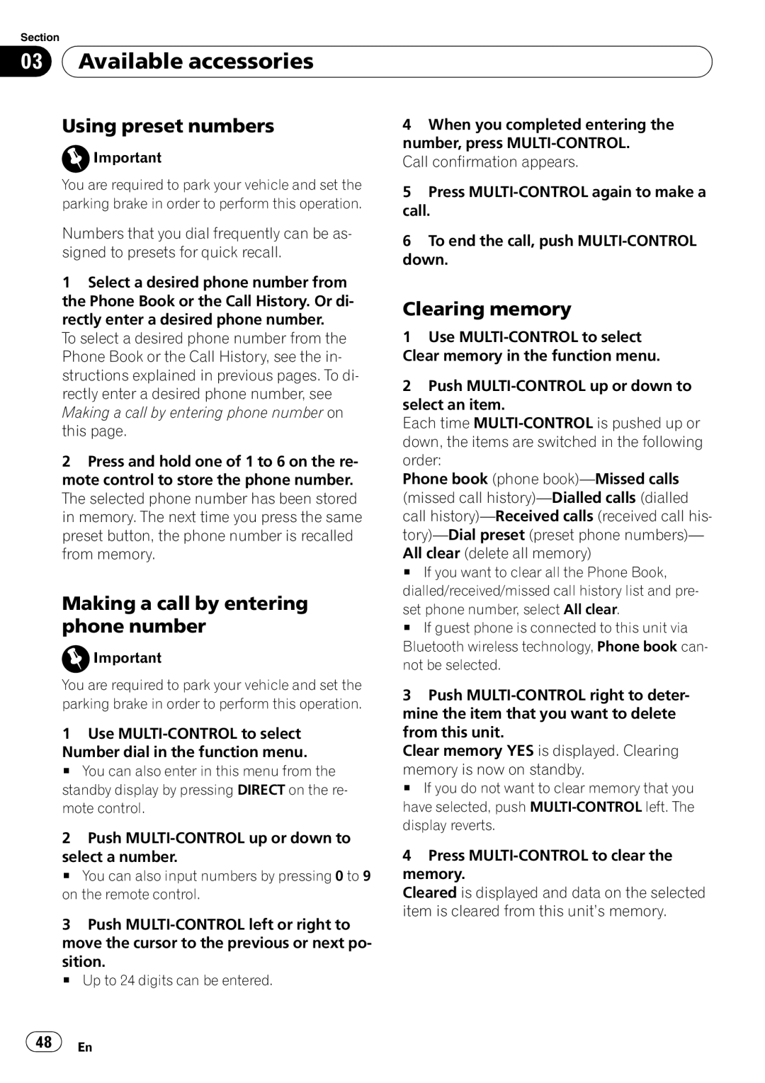 Pioneer DEH-P590IB operation manual Using preset numbers, Making a call by entering phone number, Clearing memory 