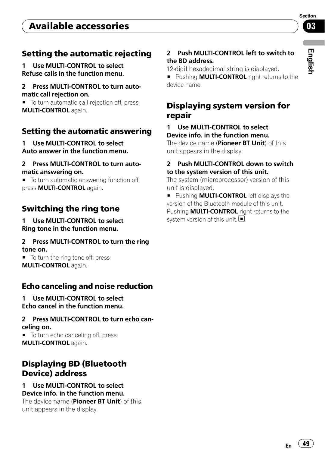 Pioneer DEH-P590IB Setting the automatic rejecting, Setting the automatic answering, Switching the ring tone 