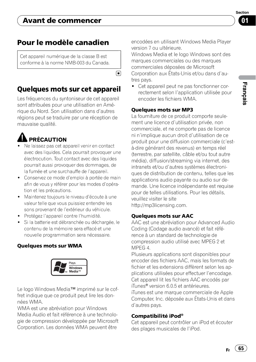 Pioneer DEH-P590IB operation manual Avant de commencer Pour le modèle canadien, Quelques mots sur cet appareil 