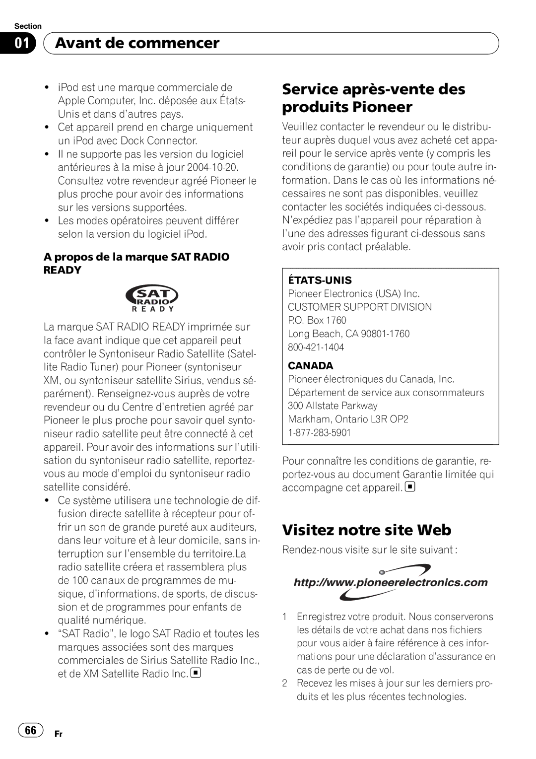 Pioneer DEH-P590IB operation manual Avant de commencer, Service après-vente des, Produits Pioneer, Visitez notre site Web 