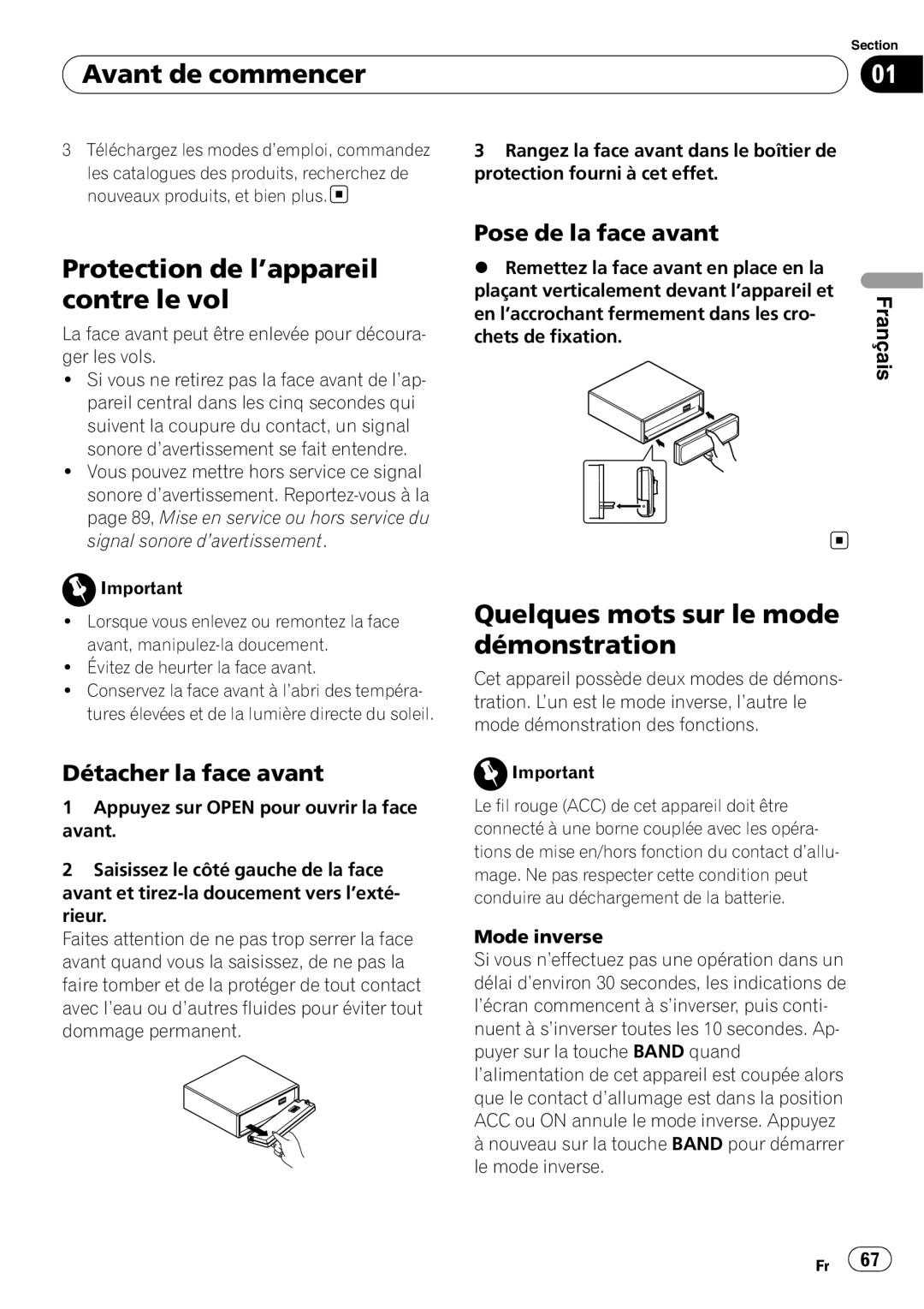 Pioneer DEH-P590IB Protection de l’appareil contre le vol, Quelques mots sur le mode démonstration, Détacher la face avant 