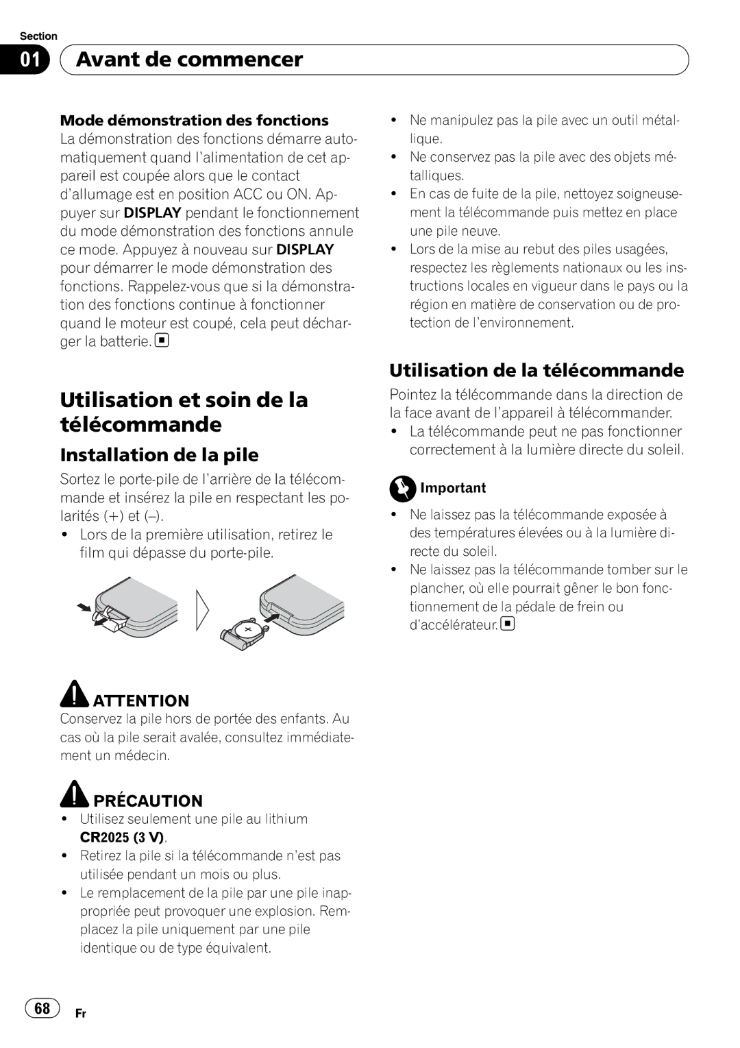 Pioneer DEH-P590IB Utilisation et soin de la télécommande, Installation de la pile, Utilisation de la télécommande 