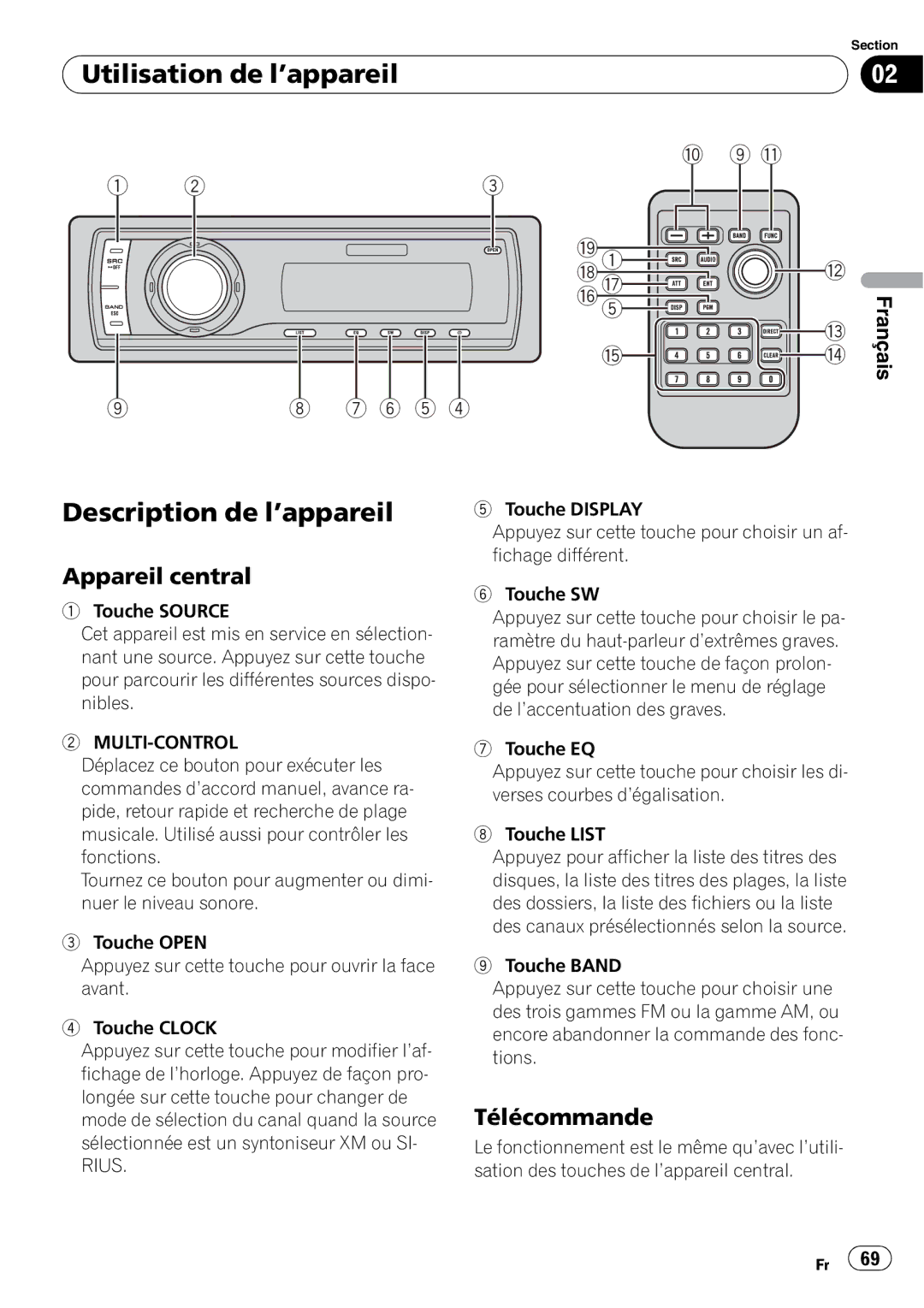 Pioneer DEH-P590IB operation manual Utilisation de l’appareil, Description de l’appareil, Appareil central, Télécommande 