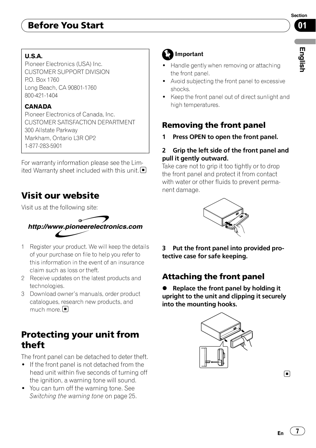 Pioneer DEH-P590IB Visit our website, Protecting your unit from theft, Removing the front panel, Attaching the front panel 