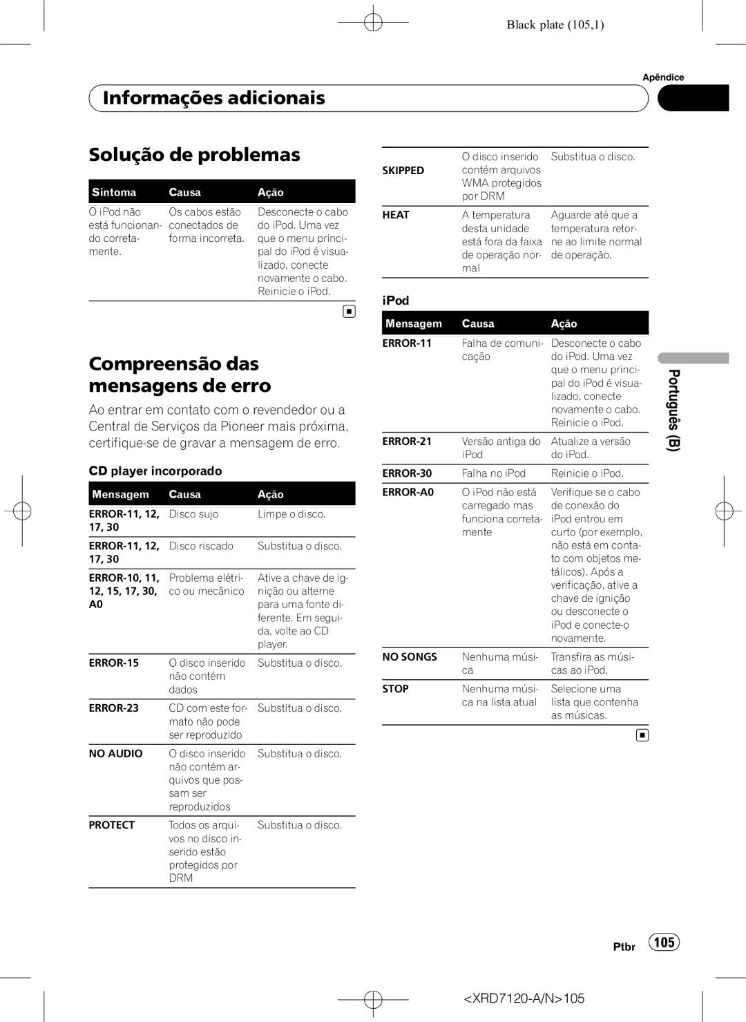 Pioneer DEH-P5950IB operation manual Informações adicionais Solução de problemas, Compreensão das mensagens de erro 