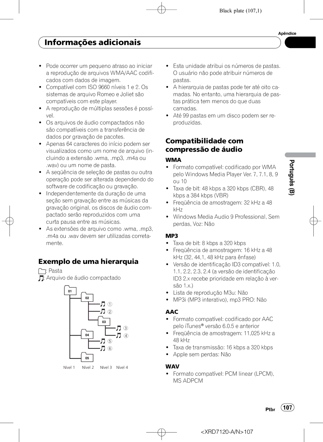 Pioneer DEH-P5950IB Informações adicionais, Exemplo de uma hierarquia, Compatibilidade com compressão de áudio 