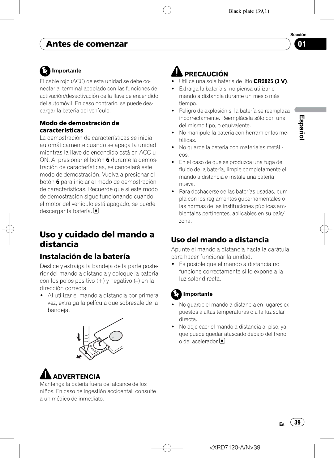 Pioneer DEH-P5950IB Uso y cuidado del mando a distancia, Instalación de la batería, Uso del mando a distancia 