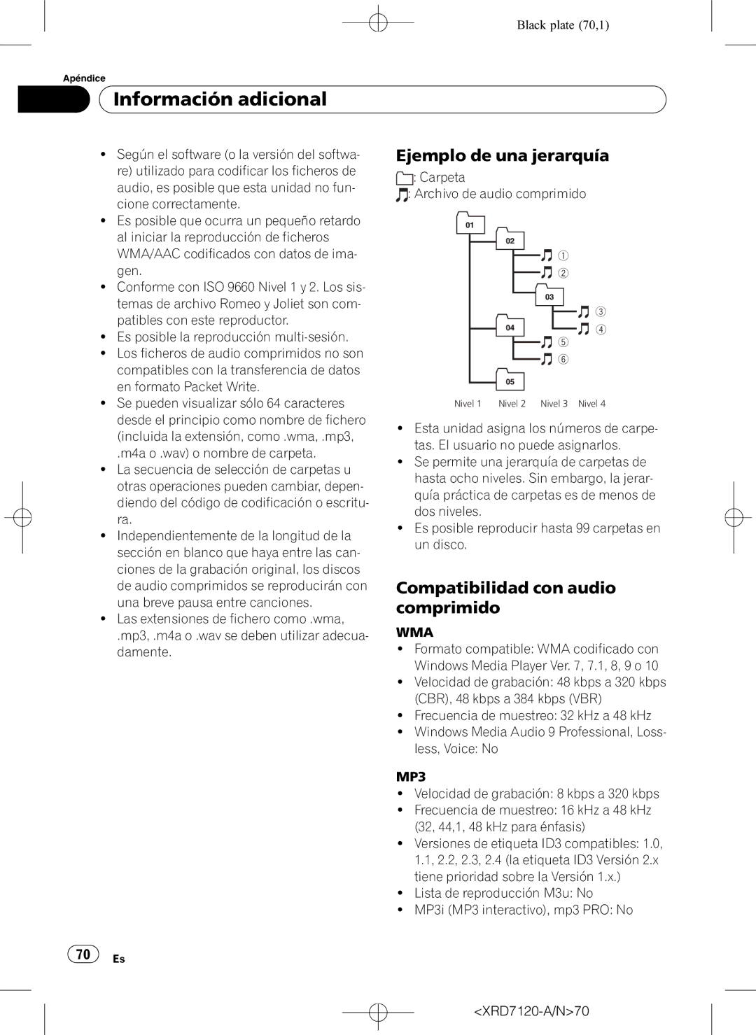 Pioneer DEH-P5950IB operation manual Información adicional, Ejemplo de una jerarquía, Compatibilidad con audio comprimido 