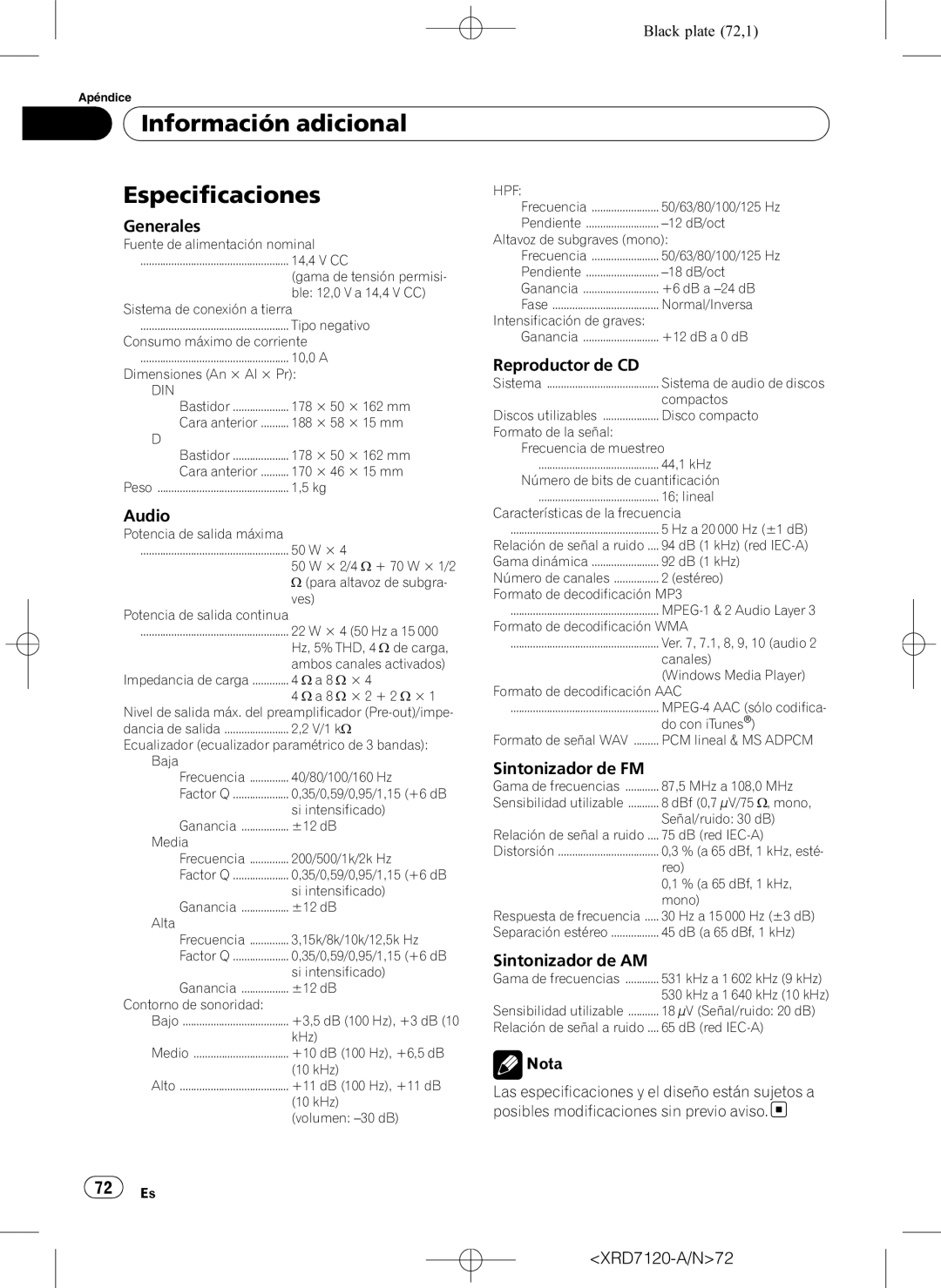 Pioneer DEH-P5950IB operation manual Información adicional Especificaciones, Generales 