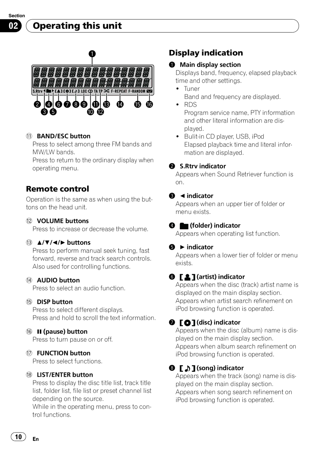 Pioneer DEH-P6000UB operation manual Display indication, Remote control, Rds 