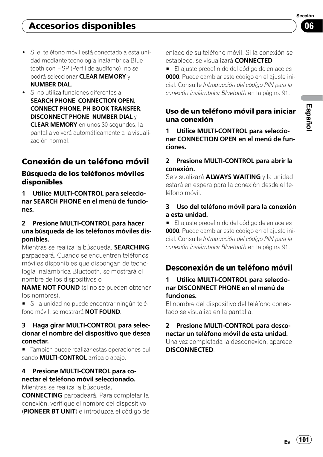 Pioneer DEH-P6000UB operation manual Conexión de un teléfono móvil, Desconexión de un teléfono móvil 