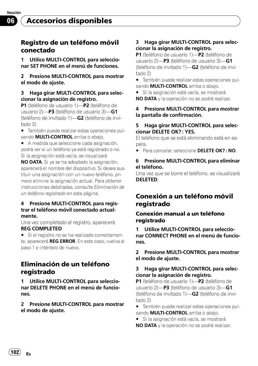 Pioneer DEH-P6000UB operation manual Registro de un teléfono móvil conectado, Eliminación de un teléfono registrado, 102 Es 