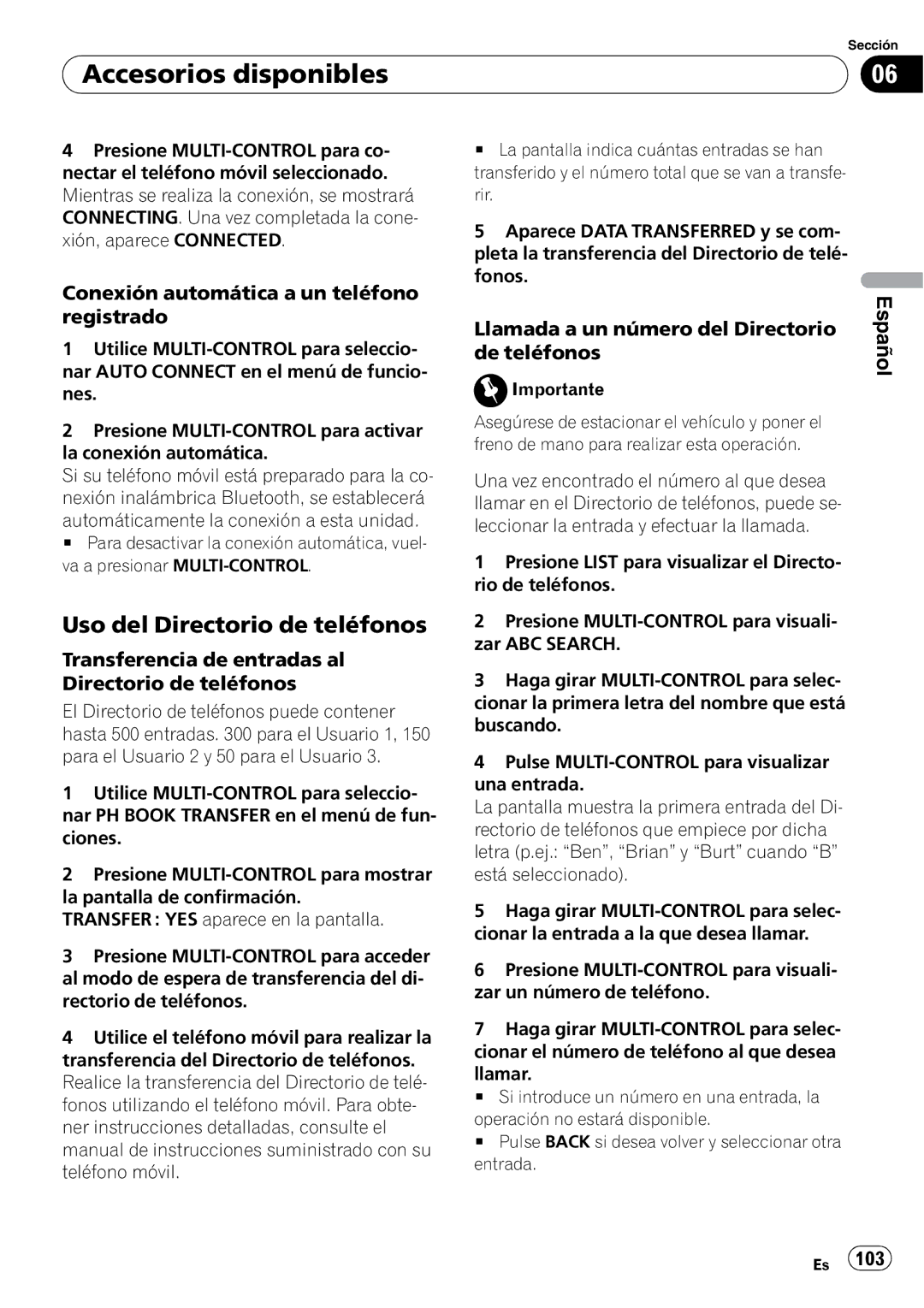 Pioneer DEH-P6000UB operation manual Uso del Directorio de teléfonos, Conexión automática a un teléfono registrado 