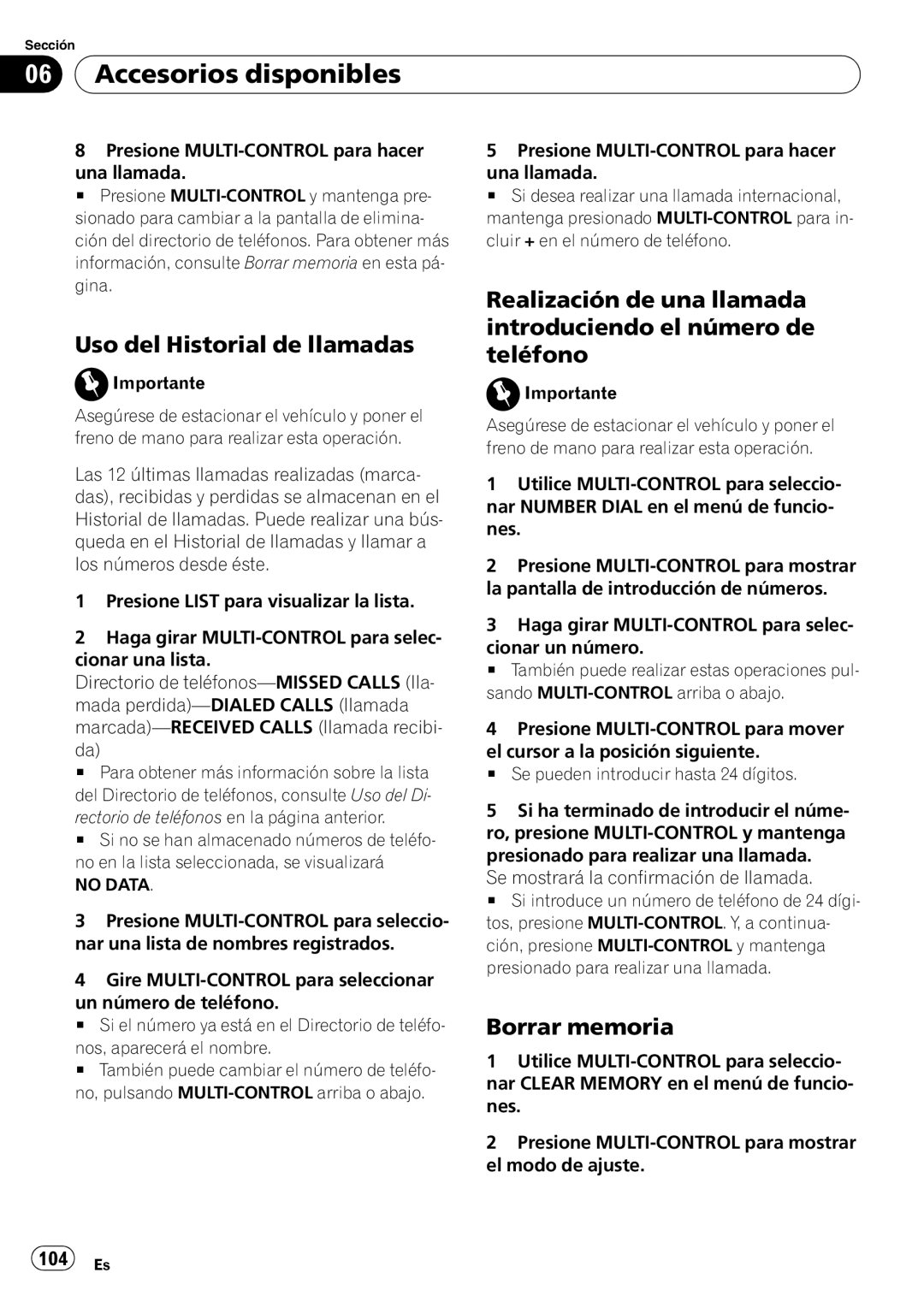 Pioneer DEH-P6000UB Uso del Historial de llamadas, Borrar memoria, 104 Es, Rectorio de teléfonos en la página anterior 