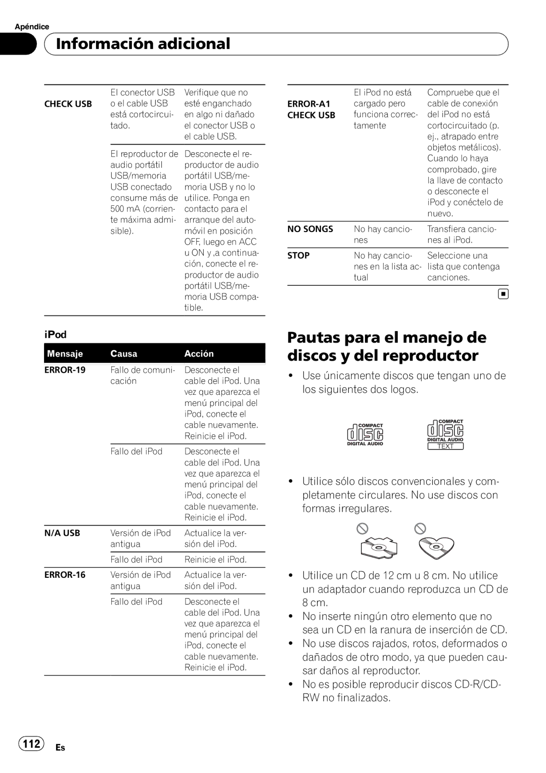 Pioneer DEH-P6000UB operation manual Información adicional, Pautas para el manejo de discos y del reproductor, 112 Es 