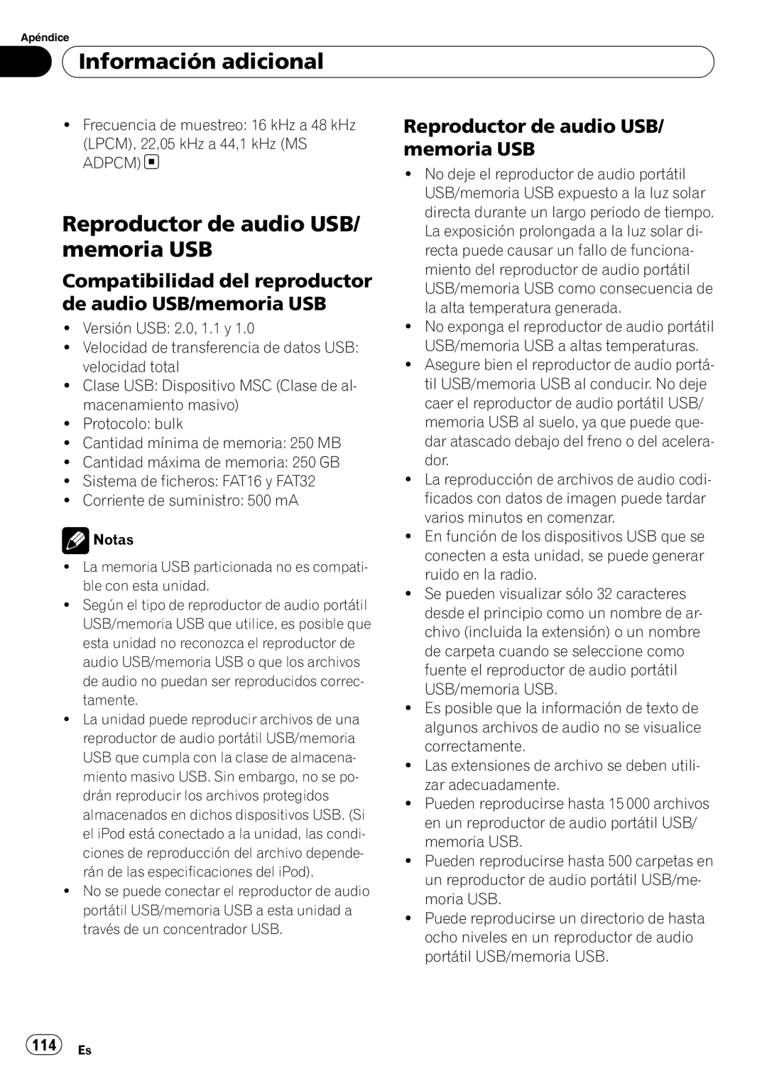 Pioneer DEH-P6000UB Reproductor de audio USB/ memoria USB, Compatibilidad del reproductor de audio USB/memoria USB, 114 Es 