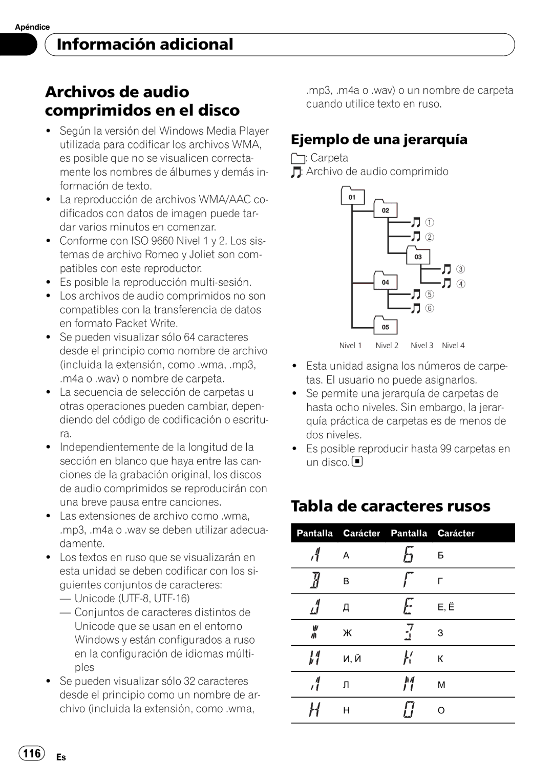 Pioneer DEH-P6000UB Información adicional Archivos de audio, Comprimidos en el disco, Tabla de caracteres rusos, 116 Es 