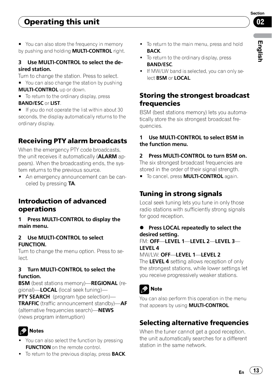 Pioneer DEH-P6000UB Receiving PTY alarm broadcasts, Storing the strongest broadcast frequencies, Tuning in strong signals 