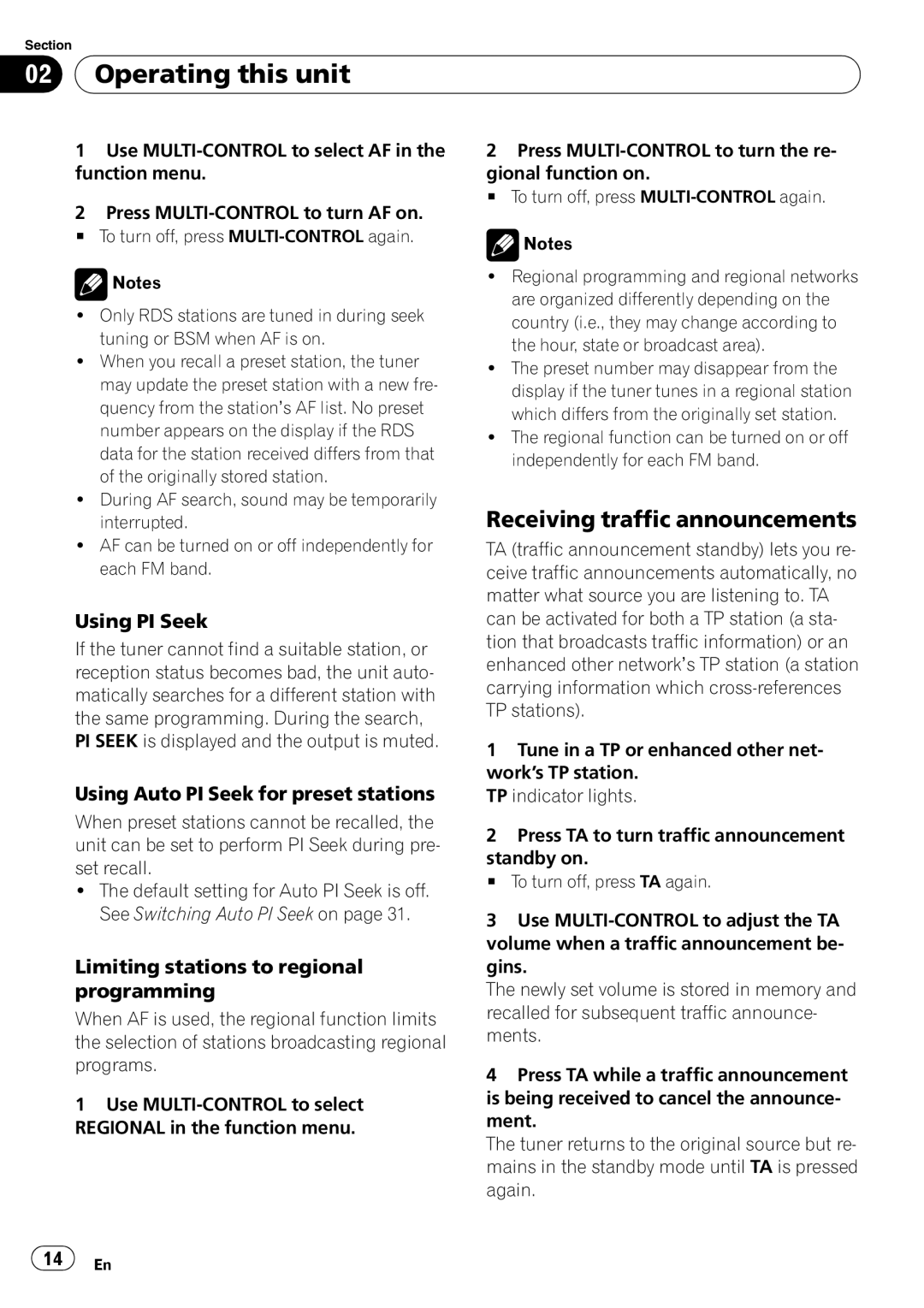 Pioneer DEH-P6000UB operation manual Receiving traffic announcements, Using PI Seek, Using Auto PI Seek for preset stations 